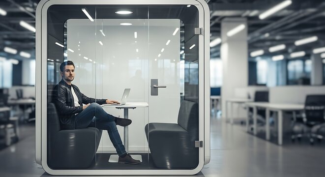 Modern Office Privacy Booth with Man Working on Laptop Providing Quiet Workspace Solution for Focused Work and Increased Productivity in Open Plan Office Environment - Powered by Adobe