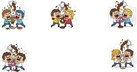 Funny Cartoon Coworkers Fighting Over Donuts and Spilling Coffee in Office, Workplace Conflict and Chaos Vector Illustration Set