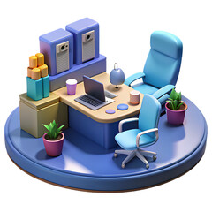 Charming isometric office desk setup with computer chair plants and storage isolated on transparent background