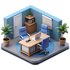 Isometric miniature office scene with desk chairs laptop plants and whiteboard isolated on transparent background