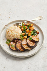 Tofu with eggplant and spinach