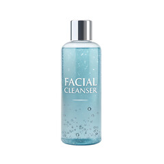 Clear blue facial cleanser bottle with silver cap isolated on transparent background for skincare and beauty product imagery