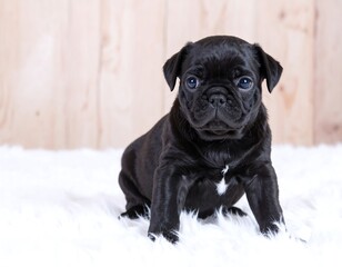 A charming black puppy, full of life, sits attentively on a soft white fur surface against a light beige wooden backdrop.