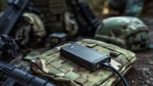 Focused medium shot on a graphenebased supercapacitor battery locking into a tactical charger module outdoors highlighting the battery texture while charging gear fades softly in