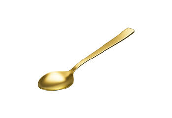A shiny golden spoon with a reflective surface, slender handle and oval bowl. 3D Illustration.
