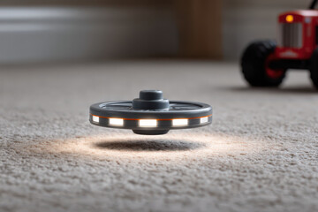 household drone skillfully navigates living room helping to locate lost toy under couch