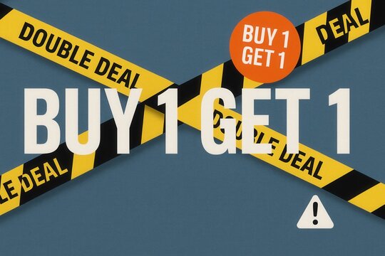 Promotional banner featuring BUY 1 GET 1 deal, striking yellow hazard style, attention-grabbing retail discount offer.