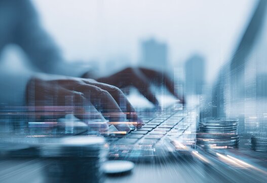 Hands typing on a laptop keyboard, overlaid with cityscapes and data streams