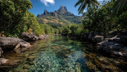 Crystal-clear stream flows through lush tropical valley, mountains loom
