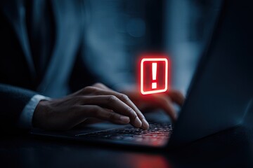 Person working on a laptop with a red exclamation mark graphic overlay
