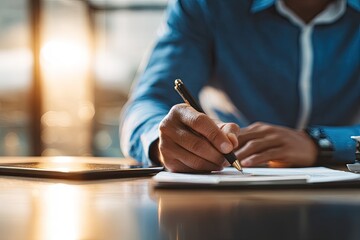 Close-up of a person writing on papers at a desk