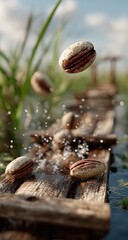 Obraz premium Pecans in flight over a rustic wooden walkway