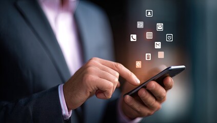 Businessman using a smartphone with various app icons overlayed