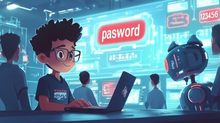 Cartoon-style illustration: 12-year-old Sam sits at his laptop, explaining a cybersecurity breach to a group of IT experts in a high-tech control room. A large holographic screen displays a digital lo