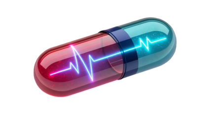Glowing capsule with pulsating waveform isolated on a transparent background pill medical