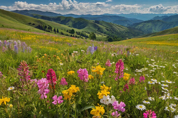 Obraz premium Vibrant Wildflower Meadow with Rolling Green Hills and Blue Sky flowers nature