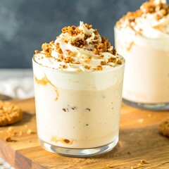 Creamy, topped milkshake on a wooden board