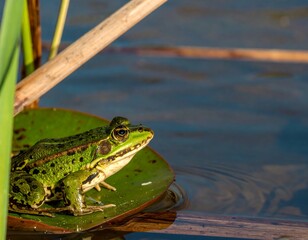 Green frog on lily pad in water