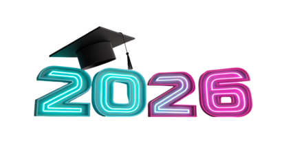 Graduation year glowing neon numbers with academic cap isolated on a transparent background