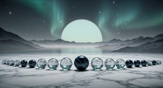 gemstone alignment wide-angle, cool-toned geology photo, color-changing glacier silver icy indigo frosted lavender crystals, adaptive ripple marble surface and moonlight mint lake photo, misty graphit