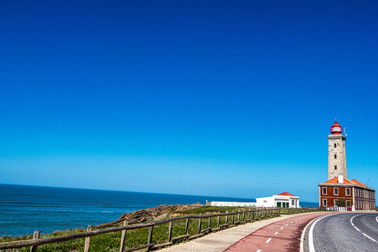 The beautiful Penedo da Saudade Lighthouse at Praia da Concha in Sao Pedro de Moel, Marinha Grande, Portugal