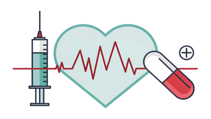 Minimalist medical icons heart pulse syringe capsule plus sign isolated on a transparent background