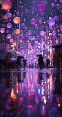 Obraz premium A vibrant city street, rain-slicked and filled with purple and pink balloons