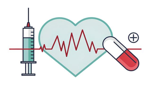 Minimalist medical icons heart pulse syringe capsule plus sign isolated on a transparent background