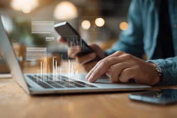 Close-up of person using laptop and smartphone, overlaid with data visualizations