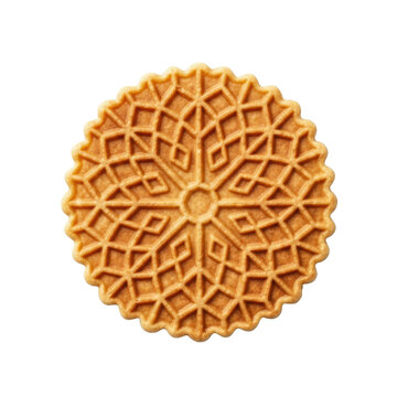 Golden-brown Italian pizzelle cookie, intricately embossed, isolated on a seamless transparent background with bright studio lighting, top-down view, concept of Italian culinary art
