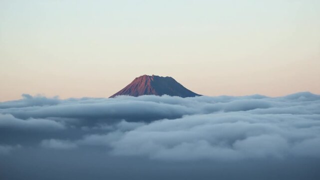 A peaceful view of a mountain with its top in the clouds