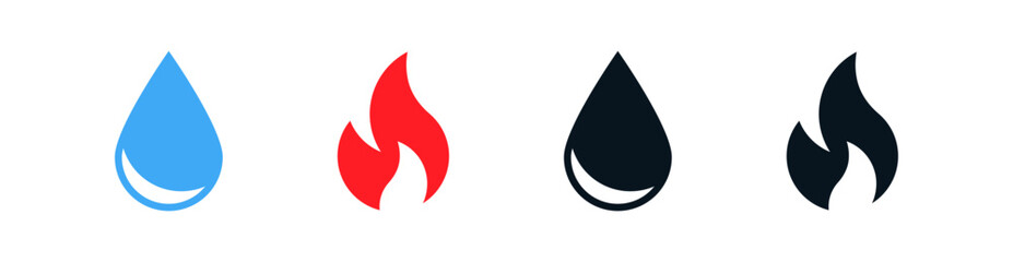 Fototapeta premium water drop and fire flame icon set | for temperature control, weather, utilities, energy, heating, cooling, energy and hydration concepts