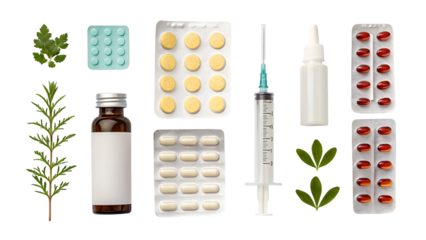 Medical supplies and botanical elements arranged on black isolated on a transparent background
