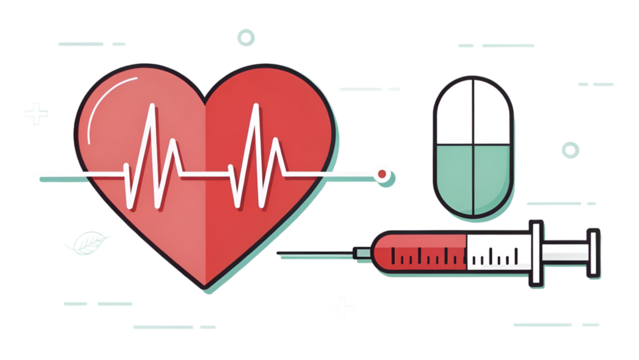 Red heart pulse line with syringe and capsule isolated on a transparent background electrocardiogram