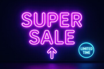 Neon banner featuring SUPER SALE with a limited time offer, vibrant eye-catching retail sale promotion.