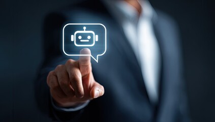 Businessperson interacts with a holographic robot icon over a dark background