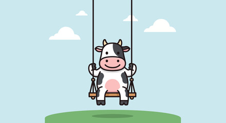 Happy Cow on Rope Swing Cartoon Character Illustration