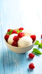 Creamy vanilla ice cream with raspberries and mint
