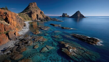 Coastal landscape with vibrant turquoise waters and reddish-brown cliffs