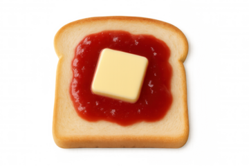 Strawberry jam spreading over toasted bread, golden-brown surface glistening with melting butter pat on pristine background