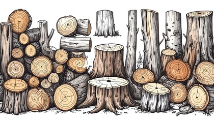 A detailed illustration showcasing various tree trunks, logs, and stumps, arranged in a collection, creating a rich, textured composition with warm, earthy tones.
