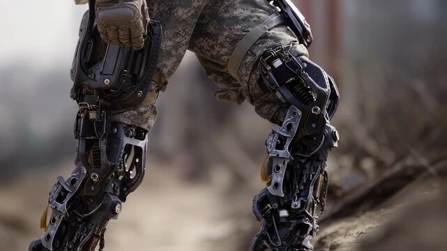 Close medium shot emphasizing the mechanical joints of an exoskeleton loadbearing suit as an infantryman climbs over barriers with the surrounding environment softly blurred for
