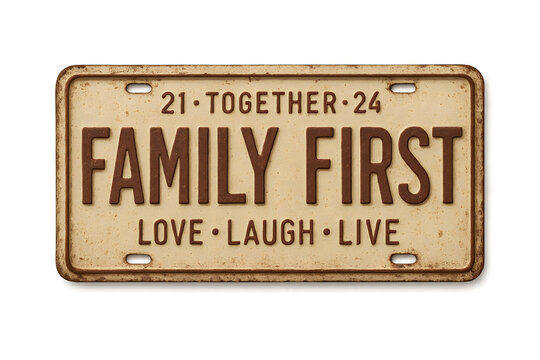 Cherish family moments with this sentimental "Family First" distressed license plate, embodying love, laughter, and life's journey together.