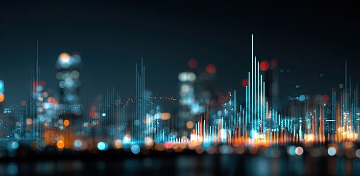 Abstract cityscape at night, overlaid with data visualizations