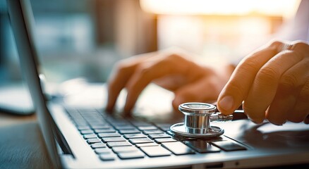 Close-up of doctor's hands on laptop with stethoscope (1)