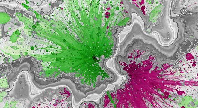 Vibrant Abstract Splash of Magenta and Lime Green Against Textured Gray Swirls