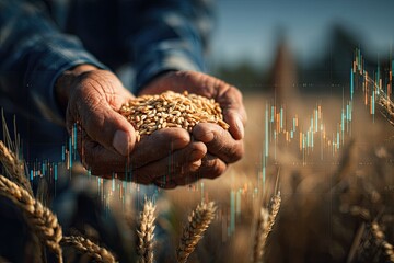 Hands holding wheat, overlaid with stock market charts in a golden field
