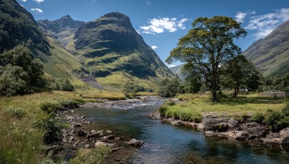 Fototapeta premium Mountain valley with river and tree