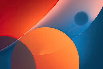 Abstract design with overlapping, vibrant circles and flowing lines in shades of red, orange, blue, and dark purple