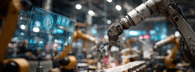 Industrial robots with advanced displays working in a factory